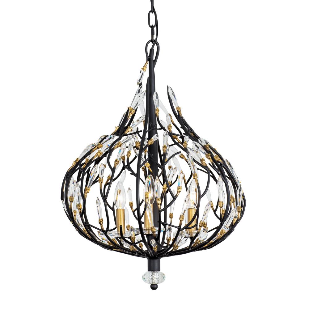 Bask 3-Lt Crystal Pendant - Matte Black/French Gold