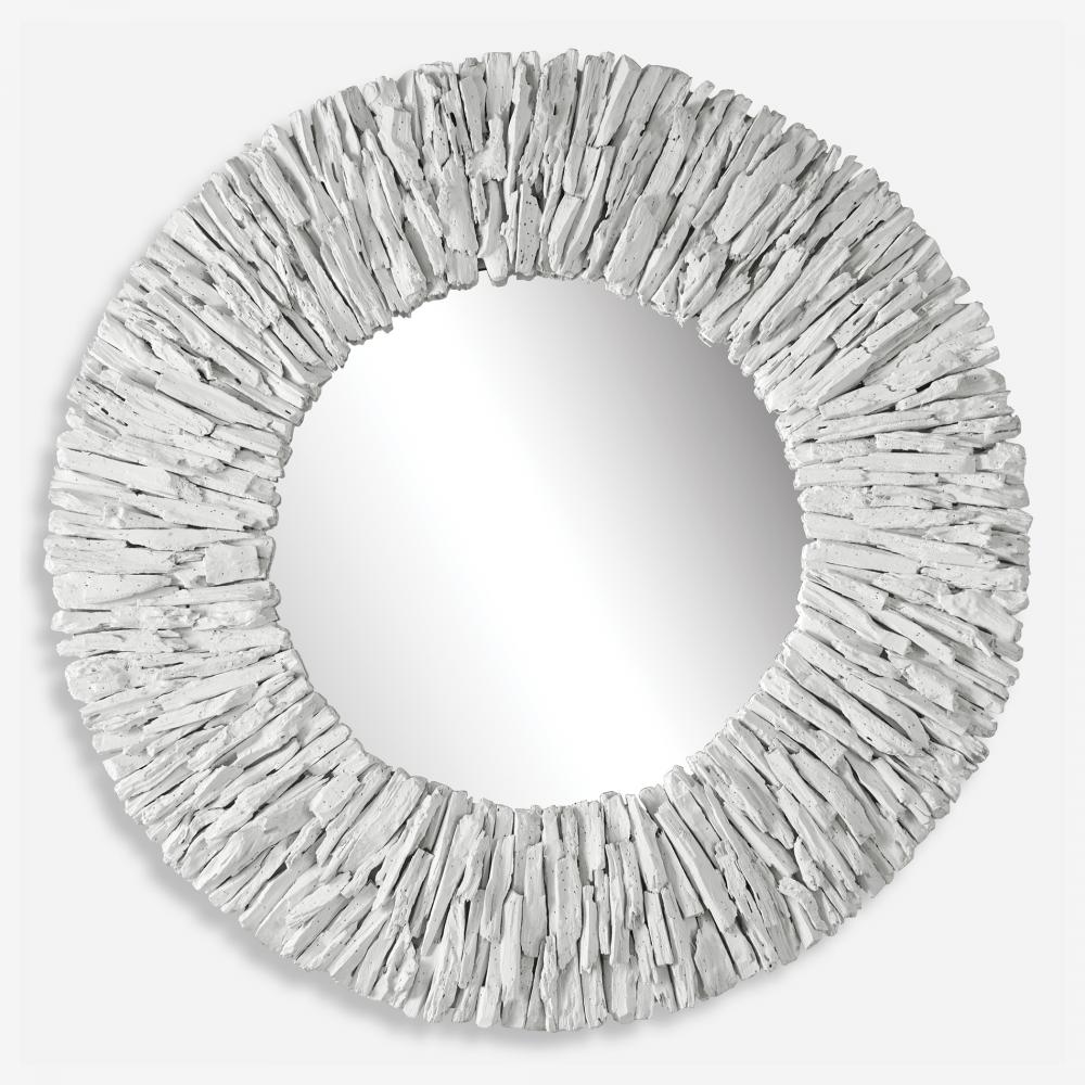 Teak Branch White Round Mirror