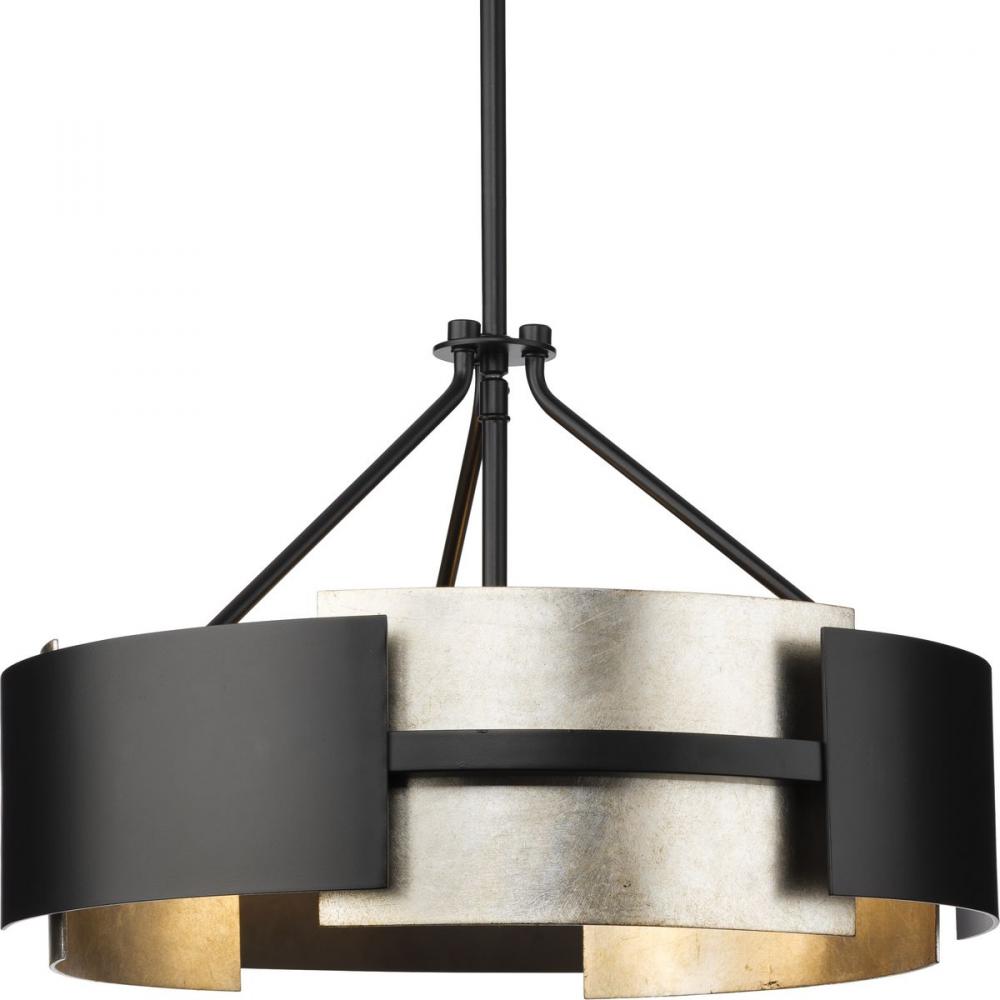 Lowery Collection Three-Light Matte Black Industrial Luxe Semi-Flush Mount with Aged Silver Leaf Acc