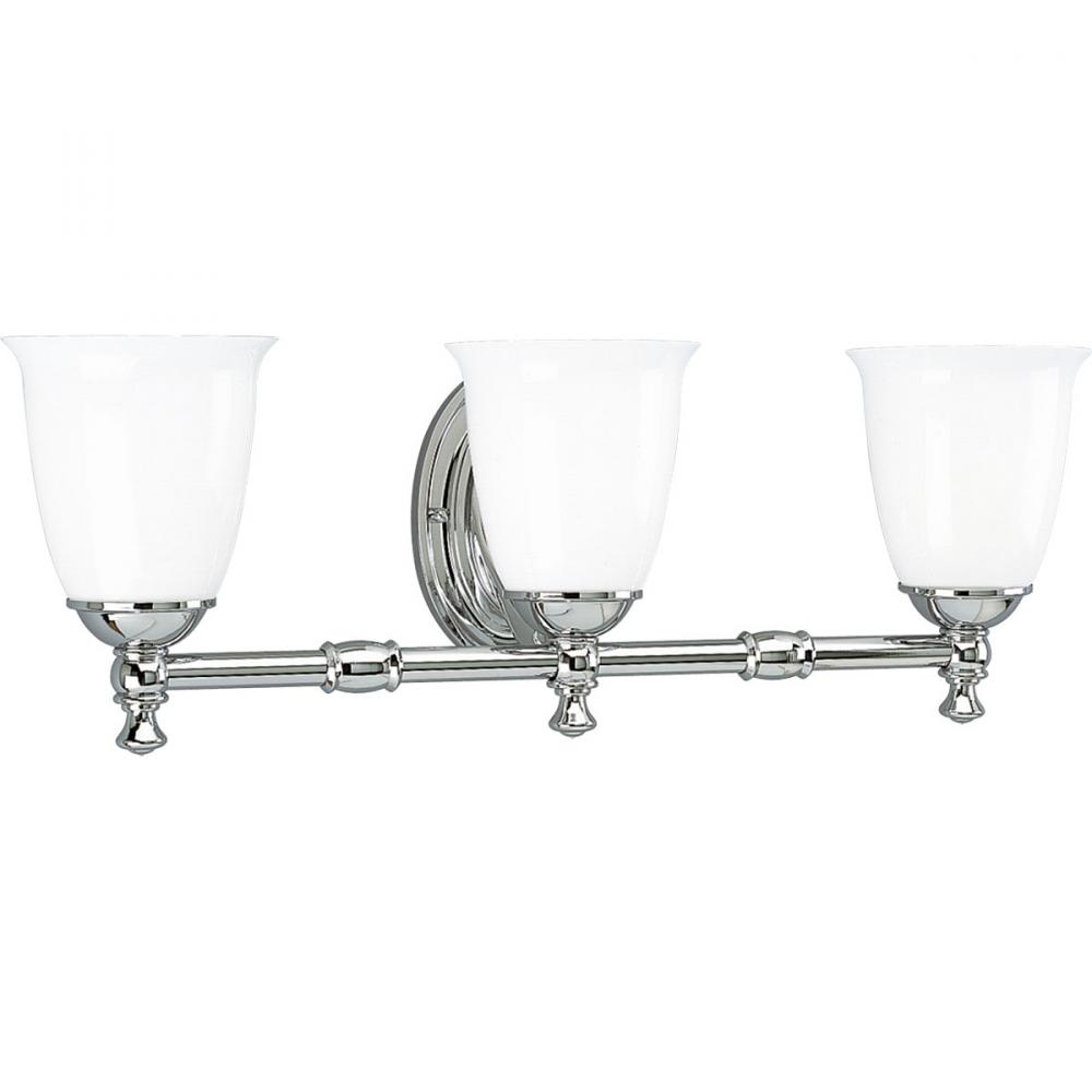 Victorian Collection Three-Light Polished Chrome White Opal Glass Farmhouse Bath Vanity Light