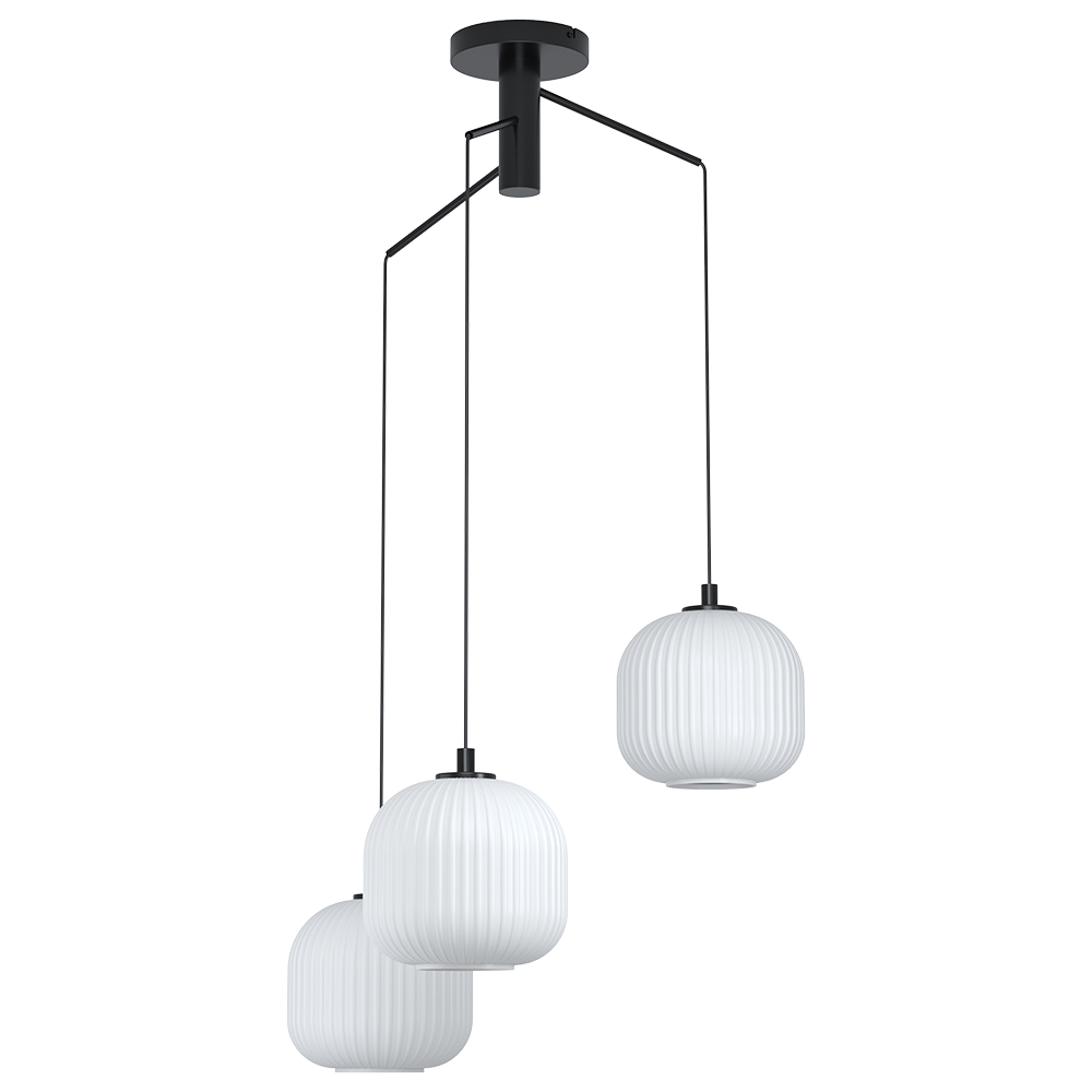 3 LT Staircase Pendant w/ Black Finish & White Ribbed Glass Shades