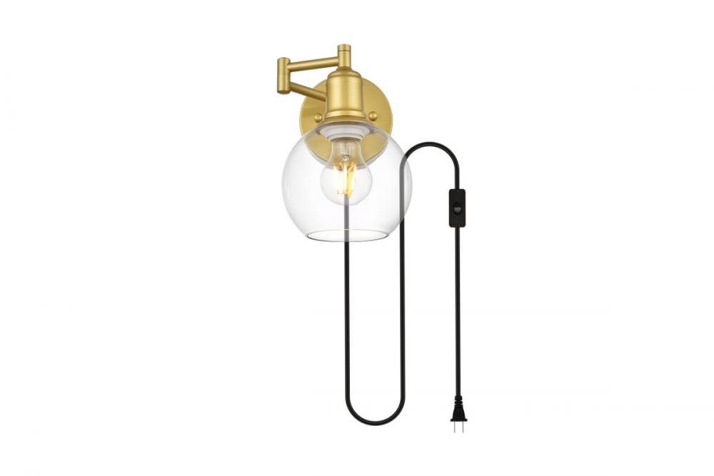 Caspian 1 light Brass and Clear swing arm plug in wall sconce