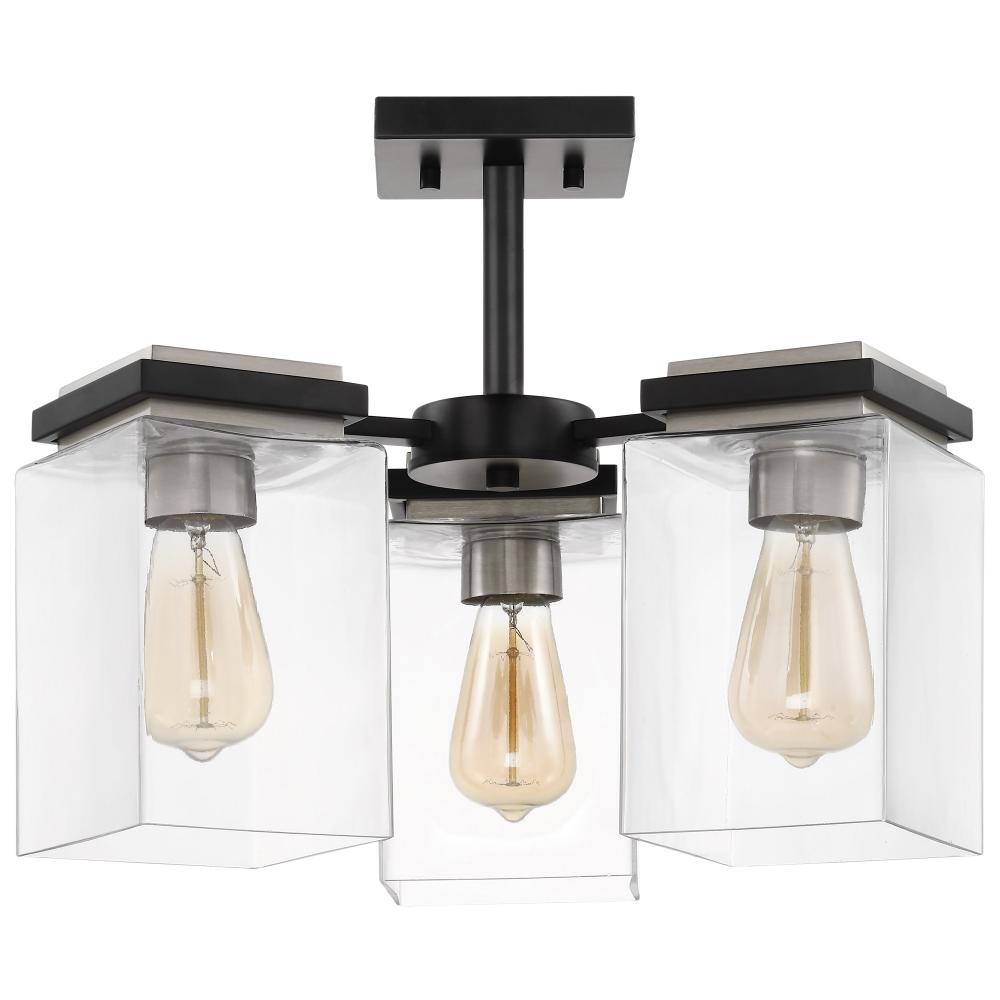 Crossroads; 3 Light Semi-Flush Fixture; Matte Black with Clear Glass